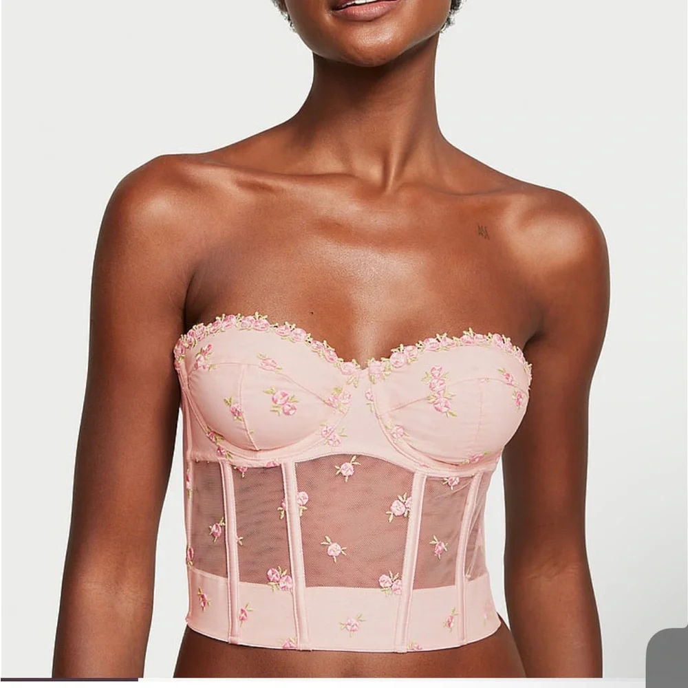 Rosebud Embroidery Unlined Strapless Plunge-Back Corset Top